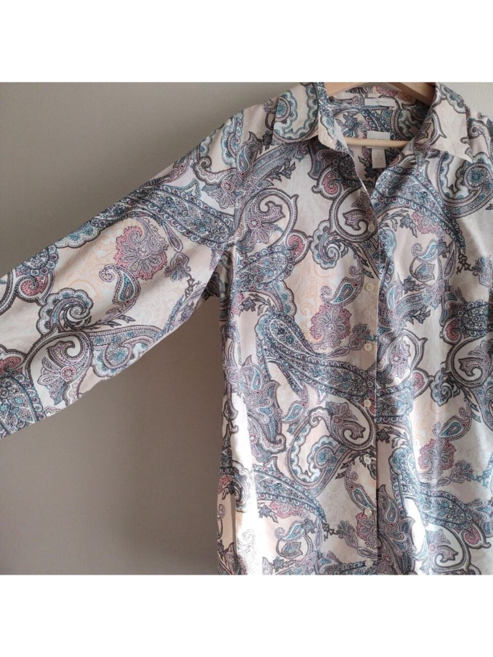 Chicos Pink Paisley Shirt L No Iron Button Front Tunic Length Cotton Top Sz 2 - Picture 6 of 10